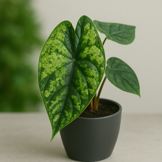 Alocasia Dragon Scale Variegata in leicht versetzter Perspektive mit detailreichem Blattmuster im matten anthrazitfarbenen Topf vor neutralem Hintergrund mit natürlichem Grünverlauf.
