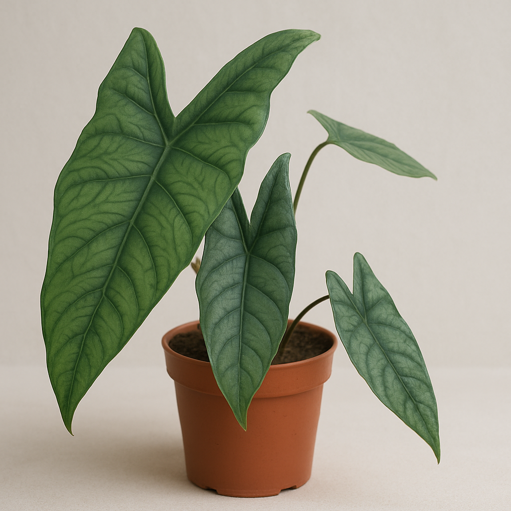 Alocasia heterophylla mit auffällig geäderten, pfeilförmigen Blättern in einem Kunststofftopf vor neutralem, hellem Hintergrund.