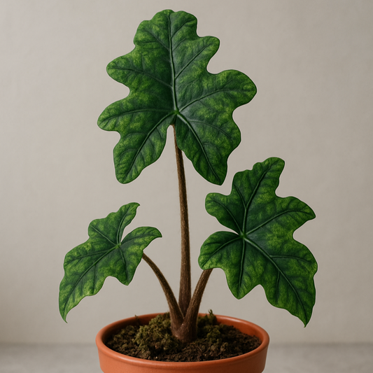 Realistische Darstellung einer Alocasia Jacklyn in einem Terrakottatopf auf grauer Oberfläche mit weichem Licht und natürlichem Hintergrund, die tiefgrünen, strukturierten Blätter heben sich lebendig hervor.