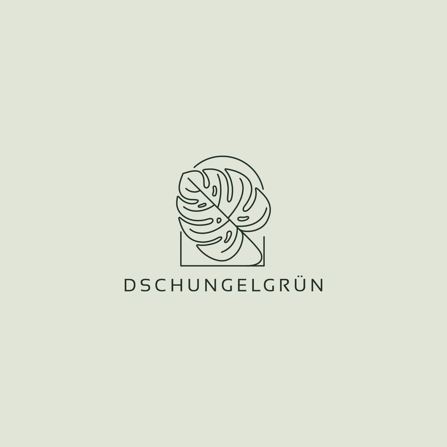 Dschungelgrün-Logo mit stilisierter Monstera-Blattgrafik in minimalistischem Design, das die Liebe zu außergewöhnlichen Zimmerpflanzen repräsentiert.