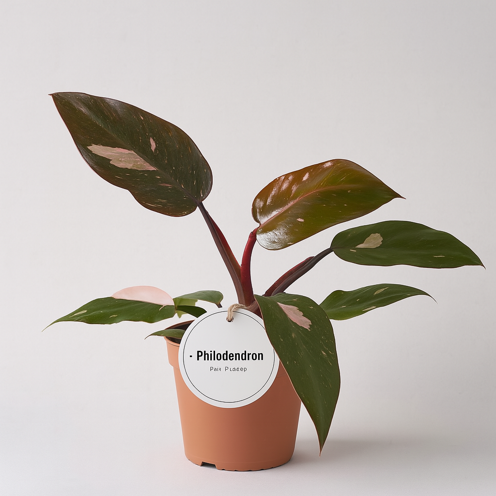 Philodendron 'Pink Princess' in einem terrakottafarbenen Topf, mit dunkelgrünen, rosa marmorierten Blättern und rötlichen Stielen vor neutralem Hintergrund.