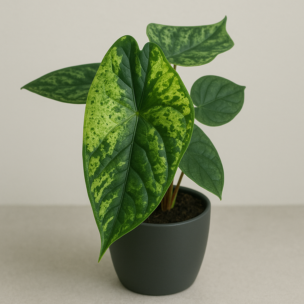 Alocasia Dragon Scale Variegata mit originalgetreuem, stark gemustertem Hauptblatt im minimalistischen anthrazitfarbenen Topf vor neutralem Hintergrund – ideale Zimmerpflanze mit exotischem Charakter.