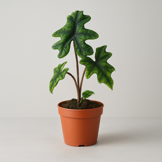 Alocasia Jacklyn Pflanze in einem Kunststofftopf vor neutralem, hellgrauem Hintergrund mit klaren, grün geäderten Blättern und Erde.