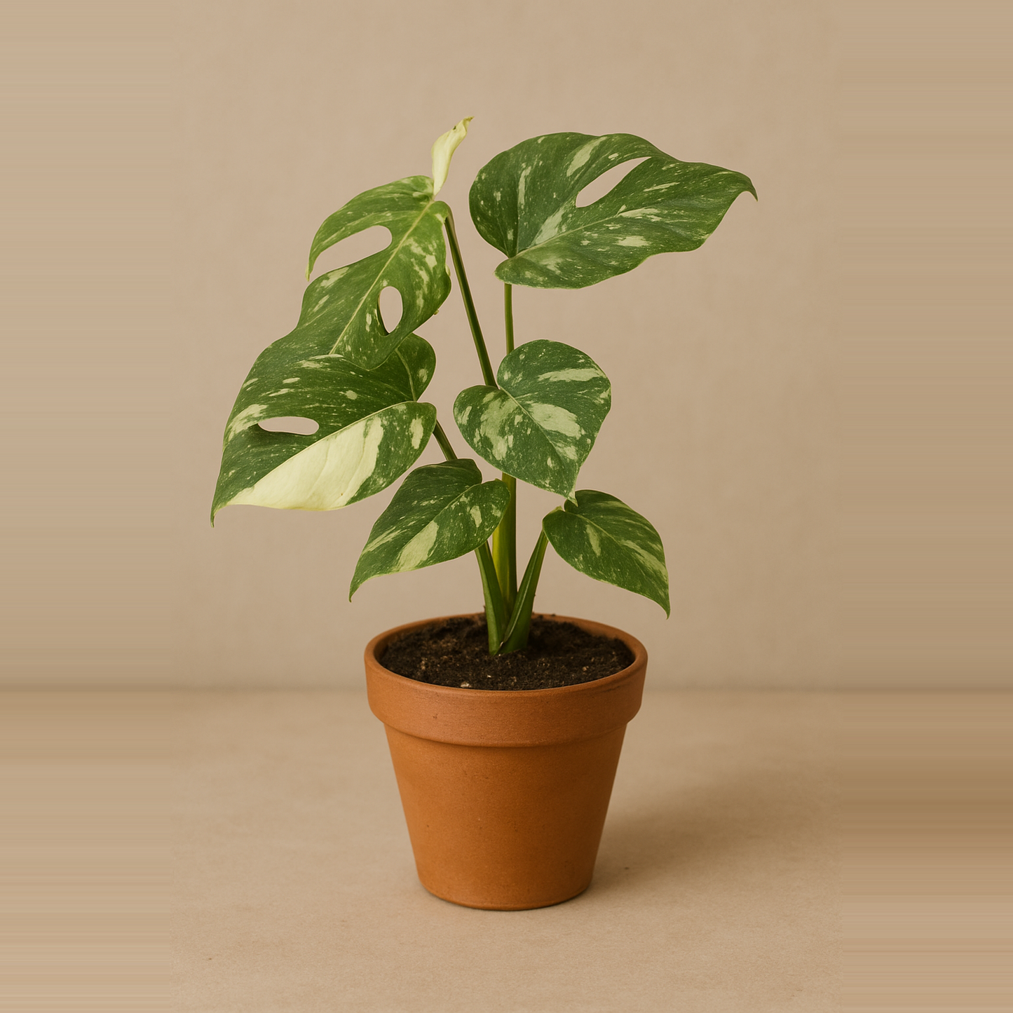 Eine Monstera Thai Constellation in einem Terrakottatopf steht vor einem neutralen beigen Hintergrund. Die Pflanze hat große, grün-weiß panaschierte Blätter mit typischen Schlitzen und Löchern, die ihr ein dekoratives, tropisches Aussehen verleihen.