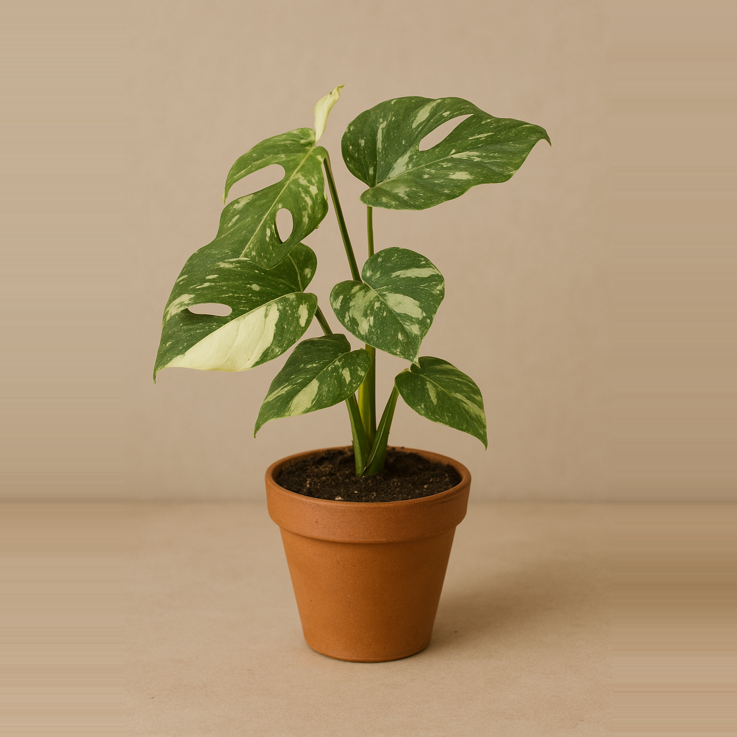 Eine Monstera Thai Constellation in einem Terrakottatopf steht vor einem neutralen beigen Hintergrund. Die Pflanze hat große, grün-weiß panaschierte Blätter mit typischen Schlitzen und Löchern, die ihr ein dekoratives, tropisches Aussehen verleihen.