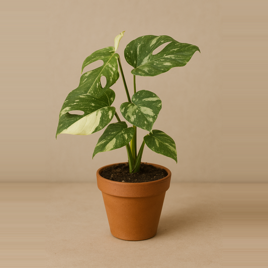 Eine Monstera Thai Constellation in einem Terrakottatopf steht vor einem neutralen beigen Hintergrund. Die Pflanze hat große, grün-weiß panaschierte Blätter mit typischen Schlitzen und Löchern, die ihr ein dekoratives, tropisches Aussehen verleihen.