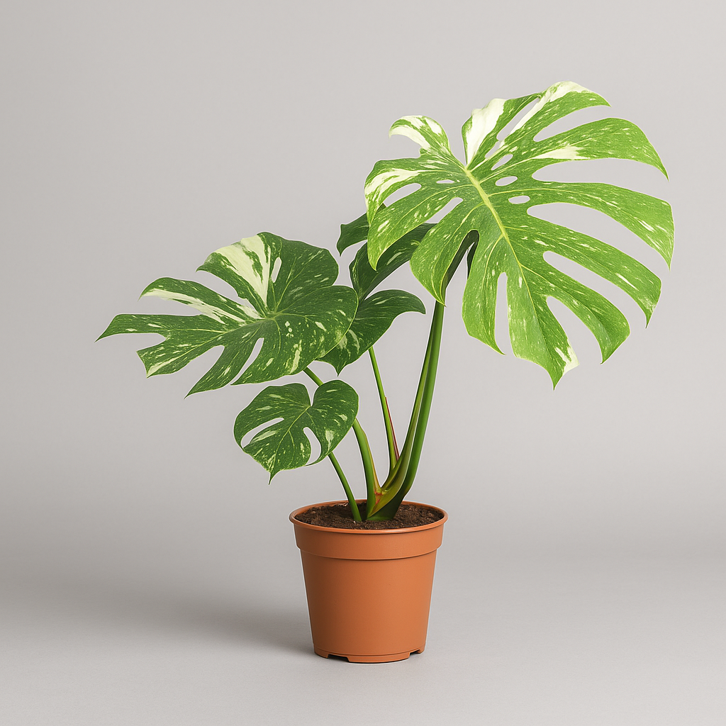 Monstera Thai Constellation in einem Kunststofftopf vor neutralem, grauem Hintergrund mit auffälliger weiß-grüner Blattvariegation.